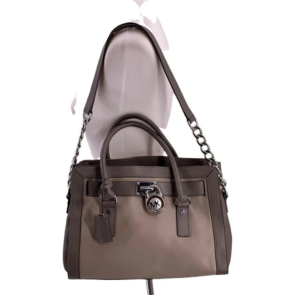 Michael Kors Taupe and Gray Leather Hamilton Silver Lock Satchel Large Handbag